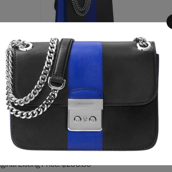 Michael Kors Center Stripe Slm Edt Md Chain Blk/Elecblue Leather Shoulder Bag - Picture 1 of 5